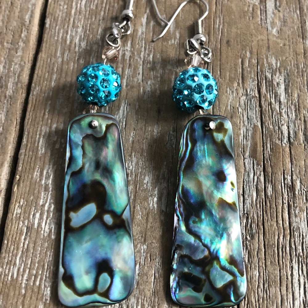 Abalone & Teal Crystal Bead Drop Earrings NWT